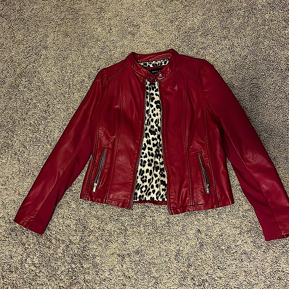 Bold maroon Black Rivet leather jacket with animal print